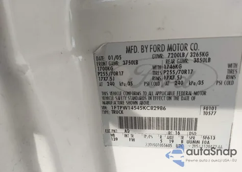 2005 Ford F-150 Fx4/Lariat/Xlt z USA, uszkodzony, nr VIN 1FTPW14545KC82986